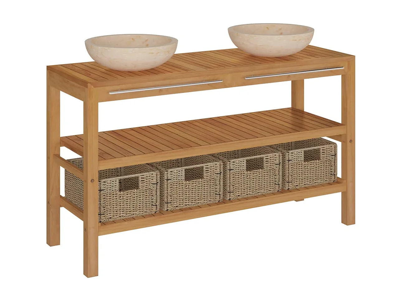Waschtisch Massivholz Teak mit Waschbecken Marmor Creme