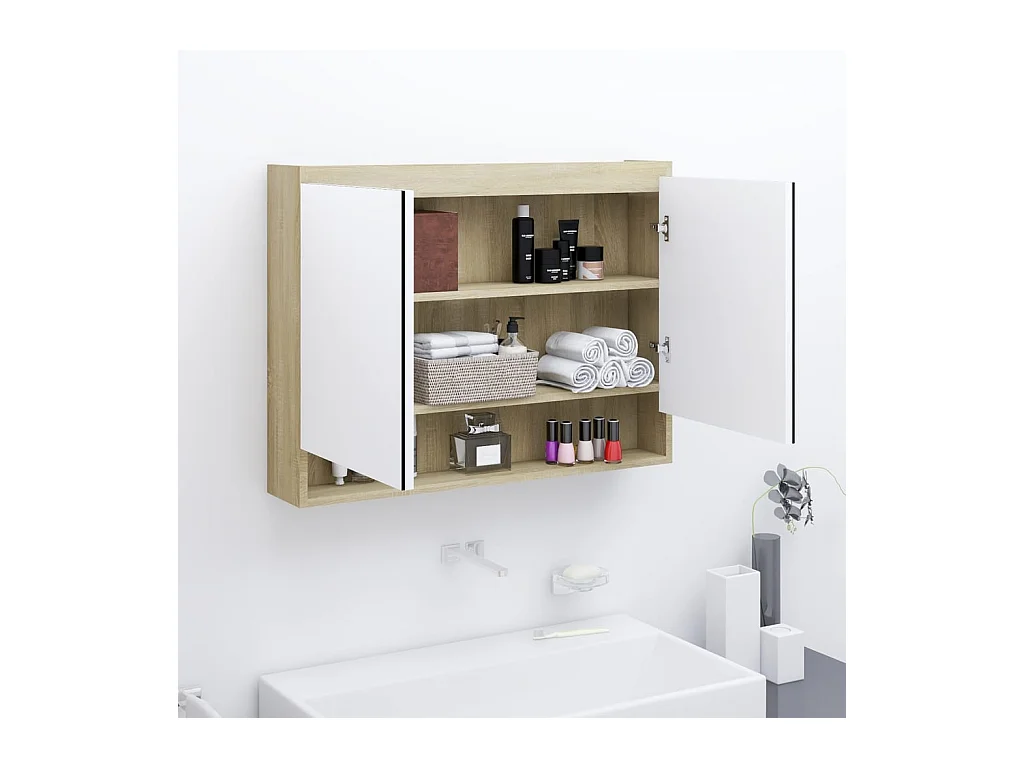 Badkamerkast met spiegel 80x15x60 cm MDF wit en eikenkleurig