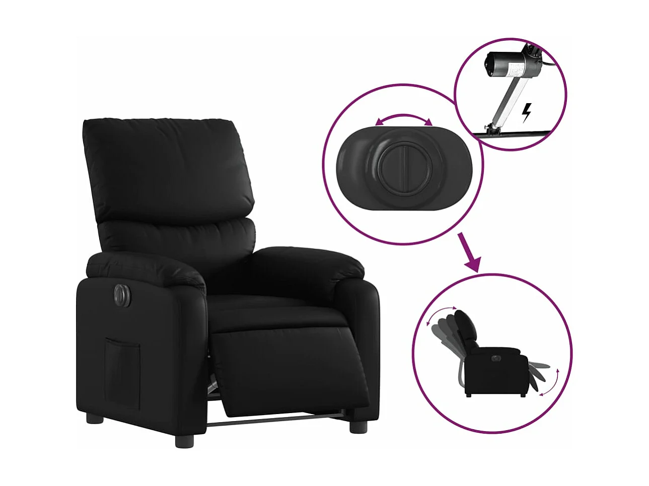 Sillón reclinable eléctrico de cuero sintético negro