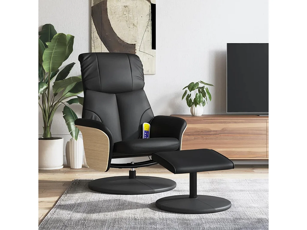 Poltrona Massaggio Reclinabile con Sgabello Nero in Similpelle