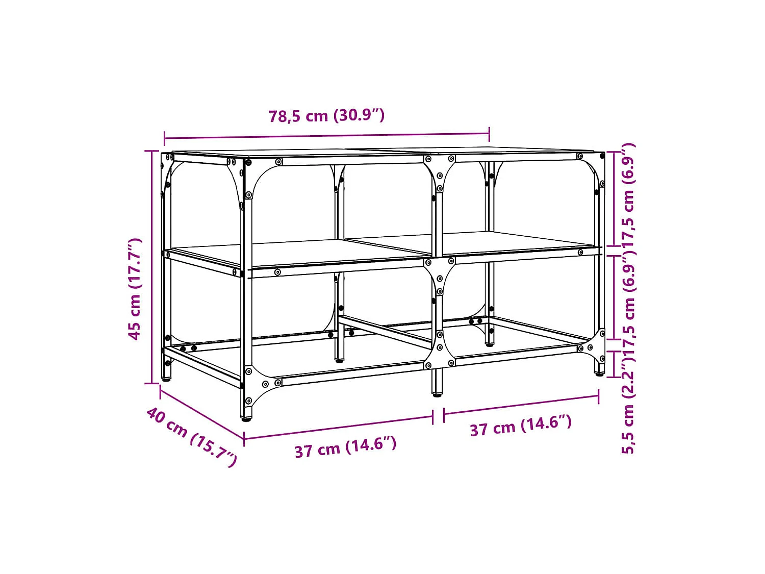 Table basse avec dessus en verre noir 78,5x40x45 cm acier