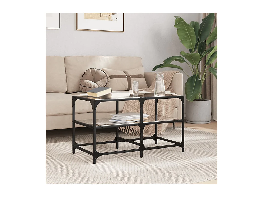 Table basse avec dessus en verre noir 78,5x40x45 cm acier