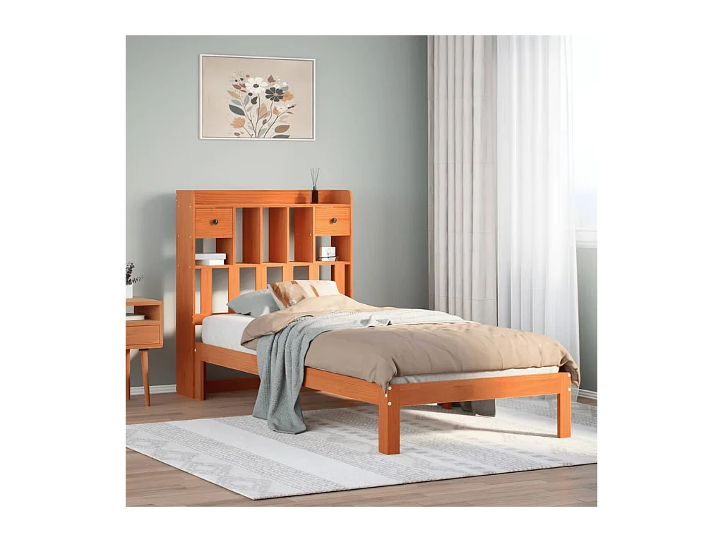 Massivholzbett mit Regal ohne Matratze Wachsbraun 75x190 cm