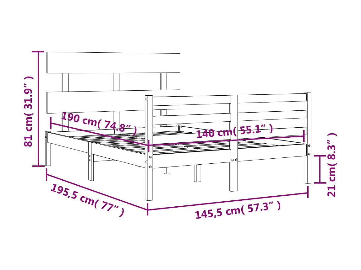 Estrutura de cama com cabeceira 140x190 cm madeira maciça