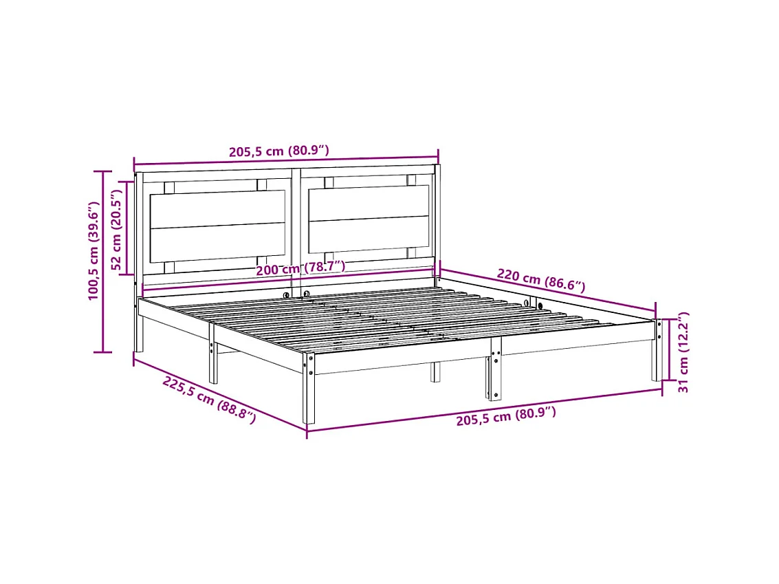 Cadre de lit extra long sans matelas 200x220 cm bois massif
