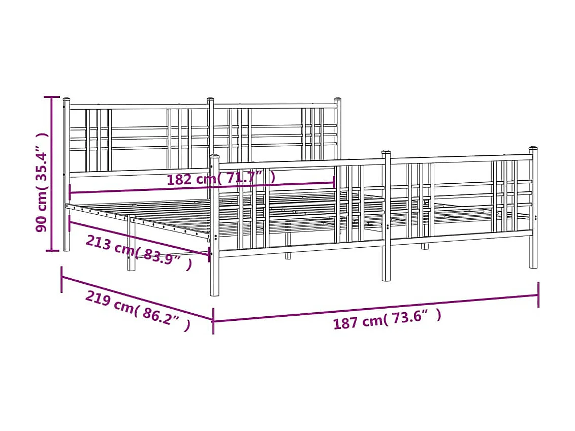Cadre de lit métal sans matelas et pied de lit blanc 183x213 cm