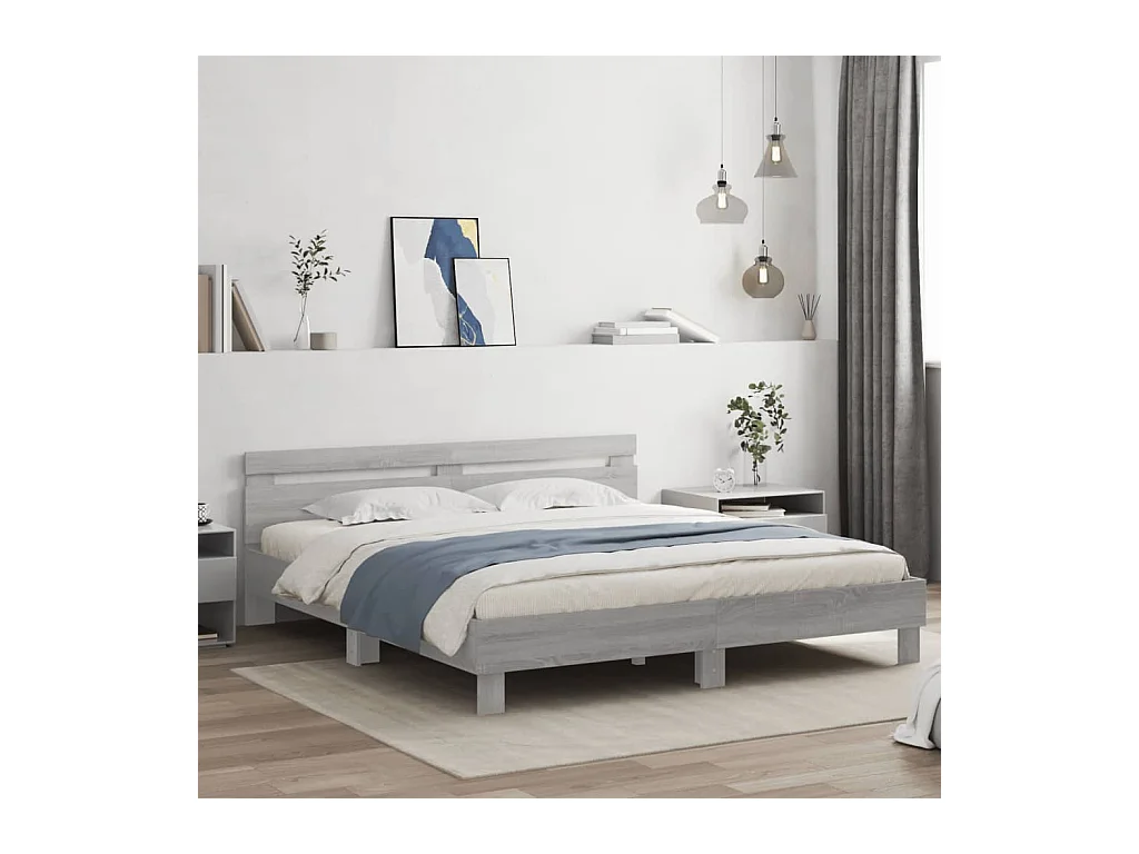 Estrutura de cama c/ cabeceira derivados madeira cinza sonoma