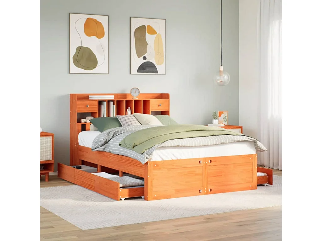 Lit bibliothèque sans matelas cire marron 140x190 cm pin massif