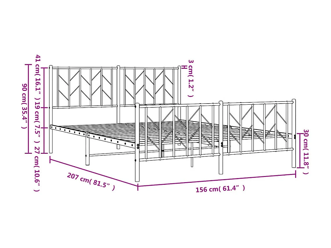 Cadre de lit métal sans matelas et pied de lit blanc 150x200 cm