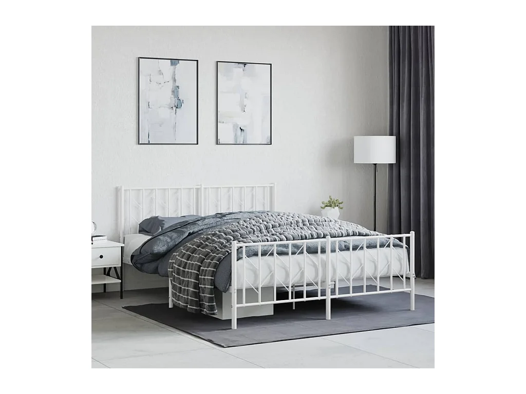 Cadre de lit métal sans matelas et pied de lit blanc 150x200 cm