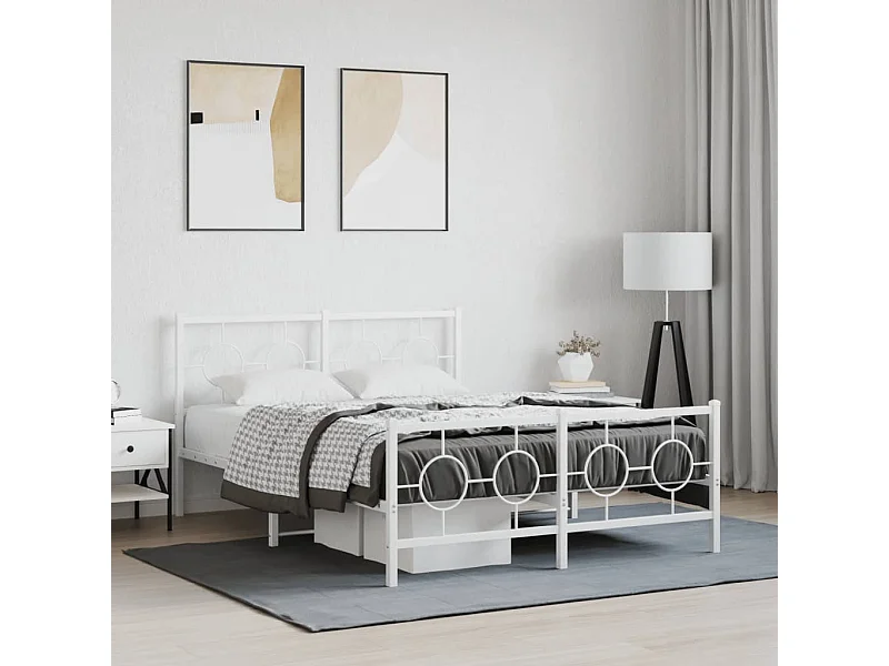 Cadre de lit métal sans matelas et pied de lit blanc 135x190 cm