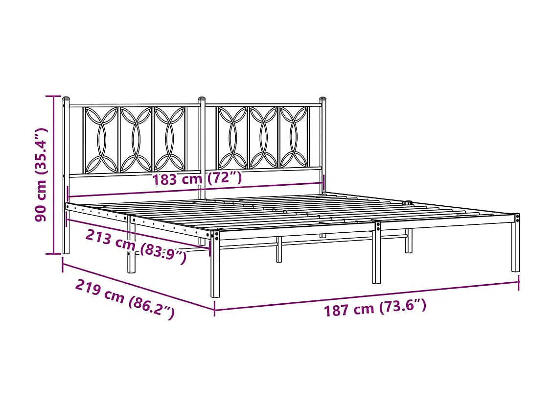 Cadre de lit métal sans matelas avec tête de lit noir 183x213cm