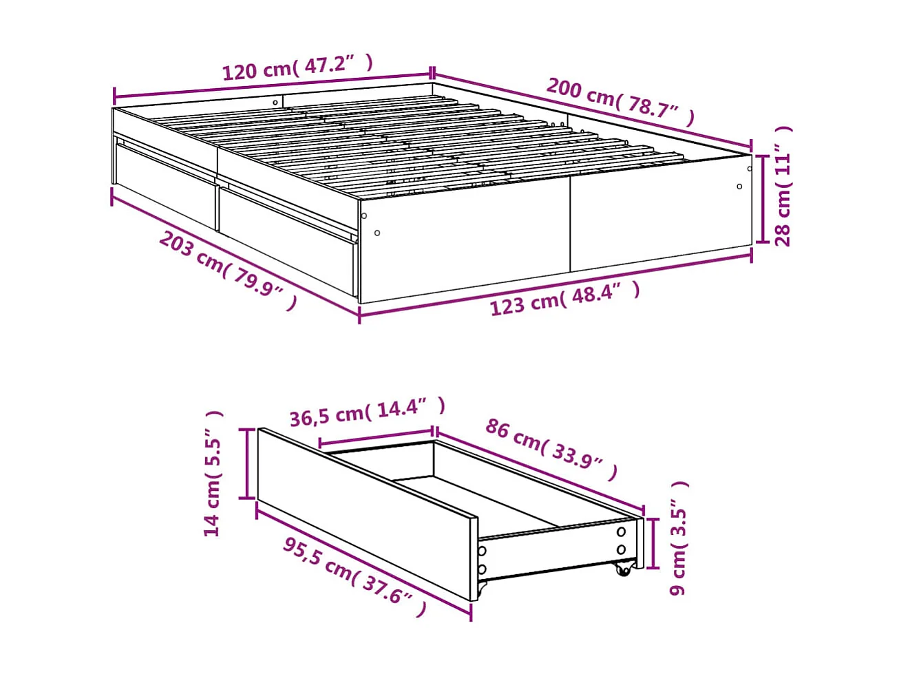 Cadre de lit avec tiroirs sans matelas chêne marron 120x200 cm