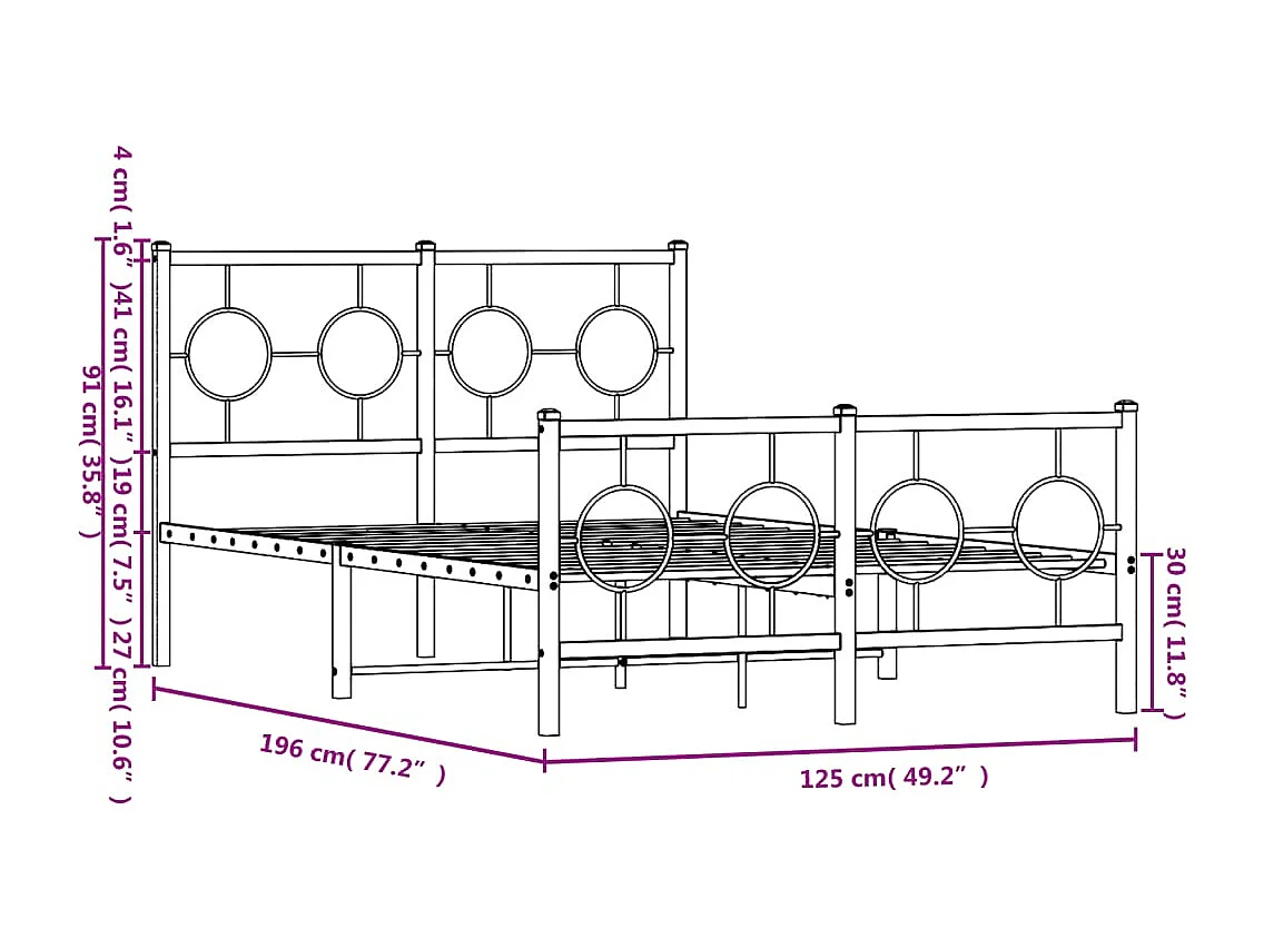 Cadre de lit métal sans matelas avec pied de lit noir 120x190cm