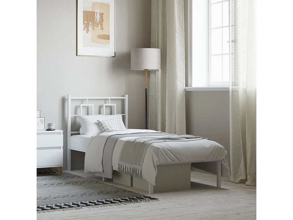 Cadre de lit métal sans matelas avec tête de lit blanc 80x200cm