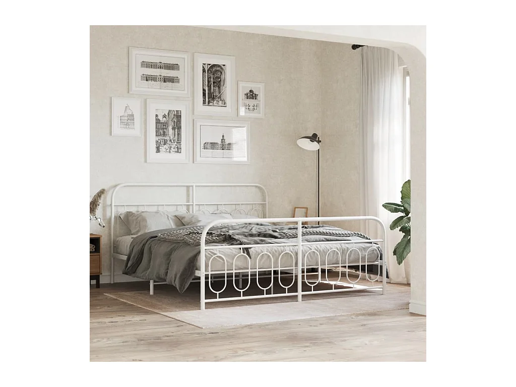 Cadre de lit métal sans matelas et pied de lit blanc 180x200 cm