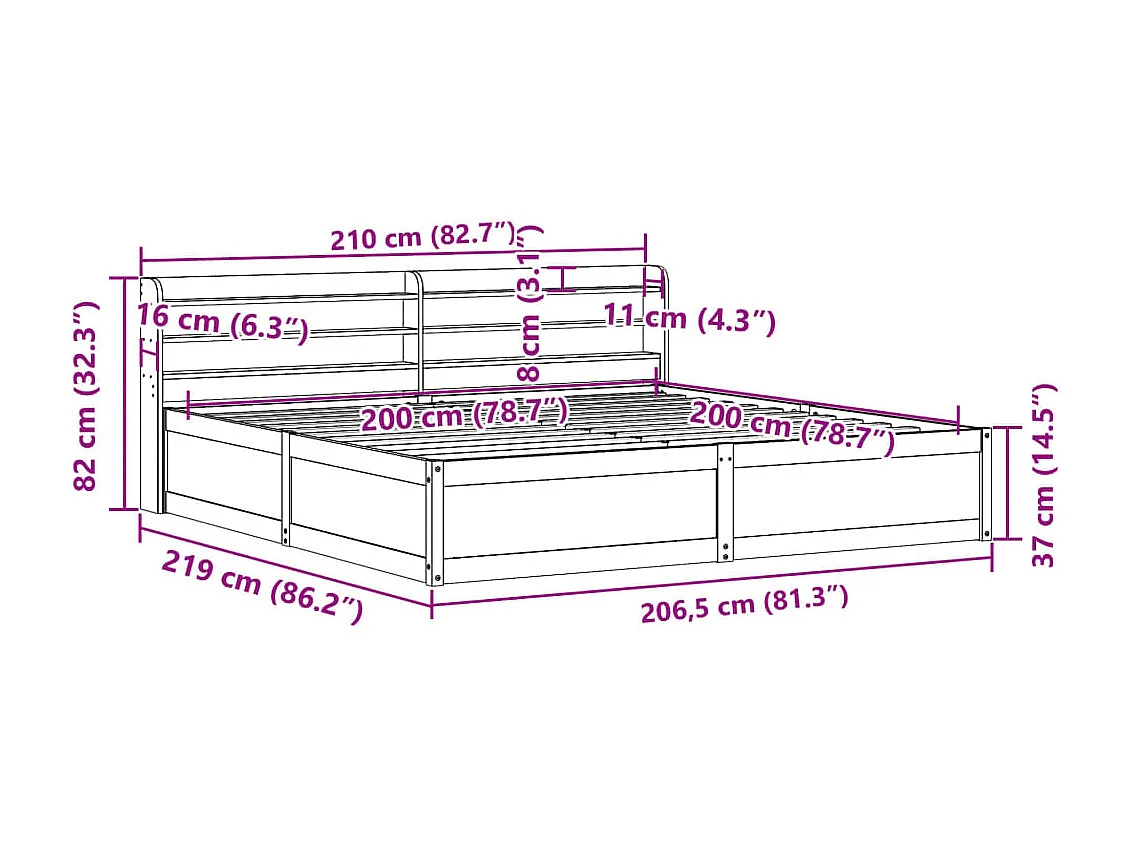 Estrutura de cama com cabeceira 200x200 cm pinho maciço branco
