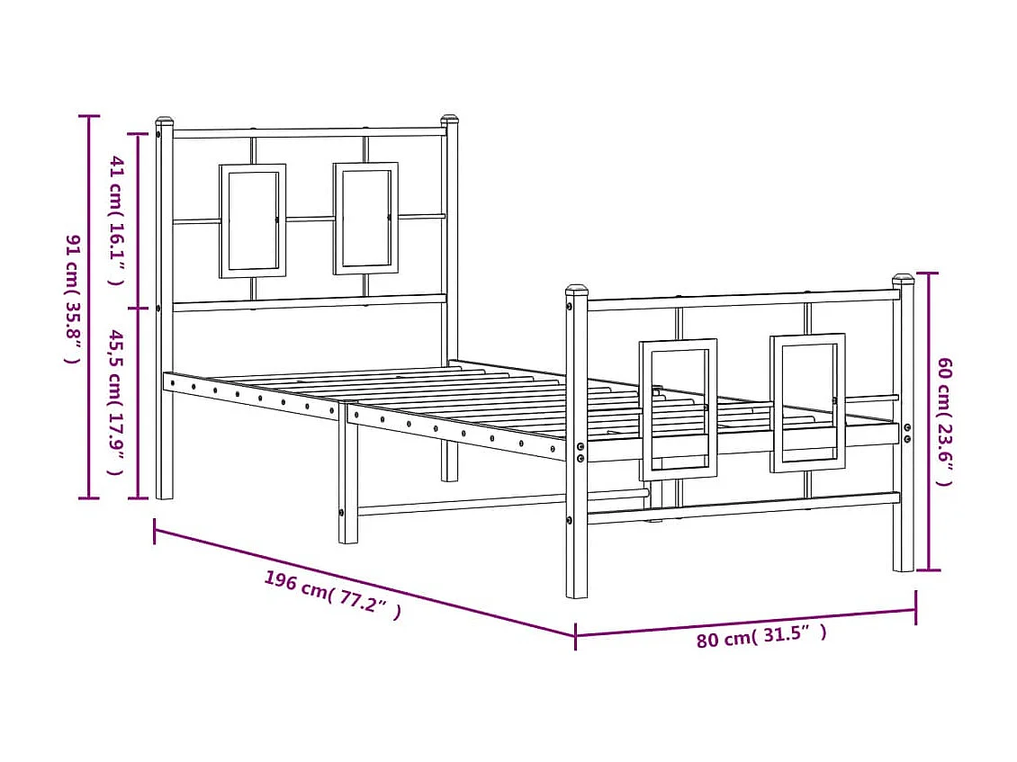 Bedframe met hoofd- en voeteneinde metaal zwart 75x190 cm