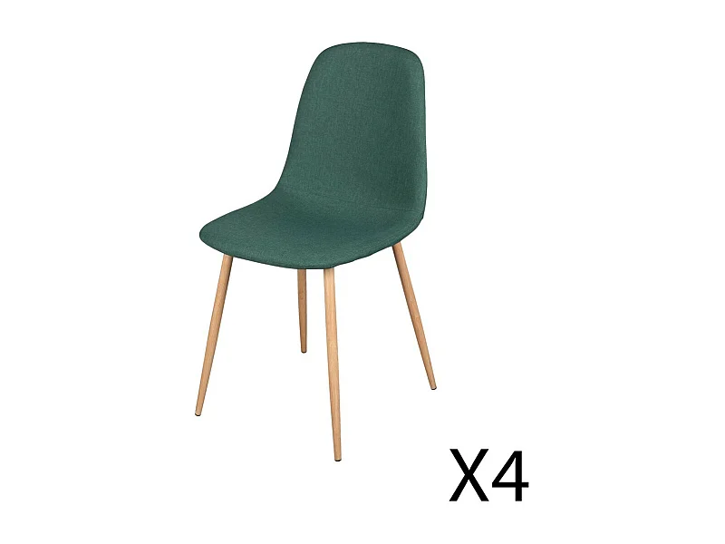 Lote de 4 sillas en tela verde con patas de metal efecto madera – Dimensiones 45x87x54 cm, altura del asiento 49 cm – NORDICA