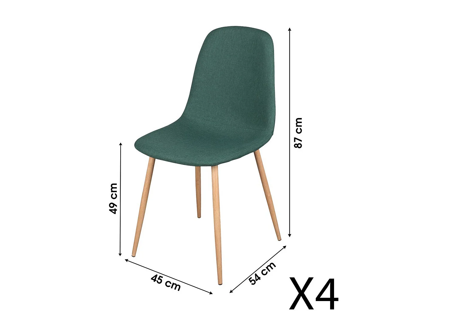 Lot de 4 chaises en tissu vert avec pieds en métal effet bois – Dimensions 45x87x54 cm, hauteur d'assise 49 cm – NORDICA