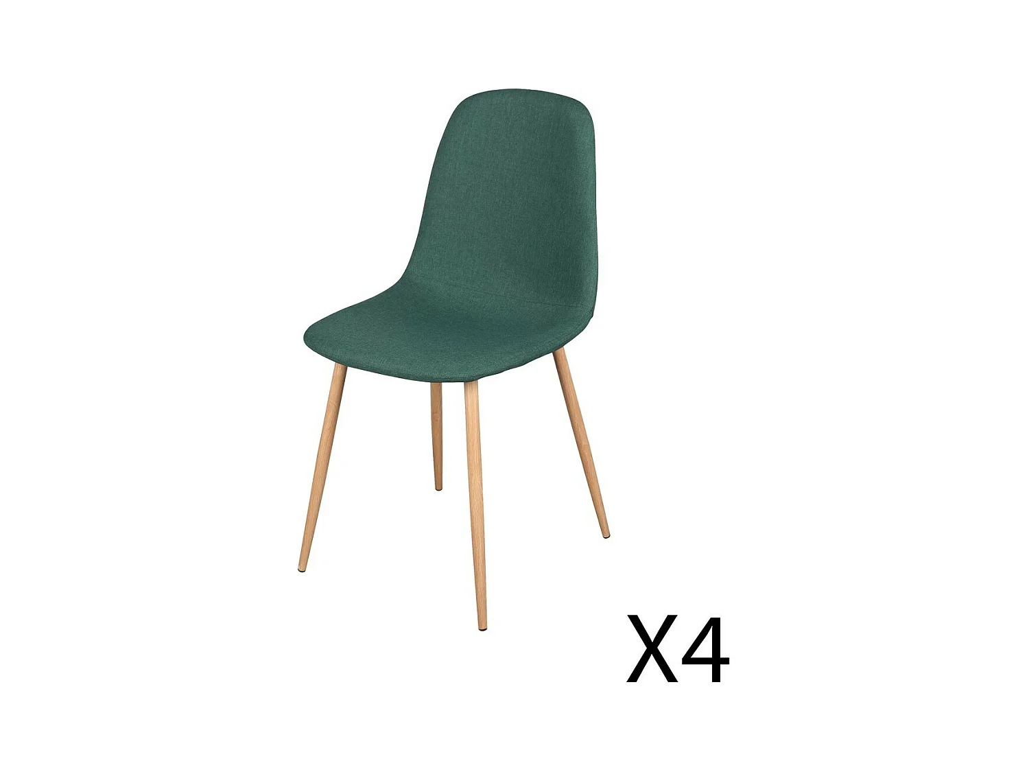 Lot de 4 chaises en tissu vert avec pieds en métal effet bois – Dimensions 45x87x54 cm, hauteur d'assise 49 cm – NORDICA