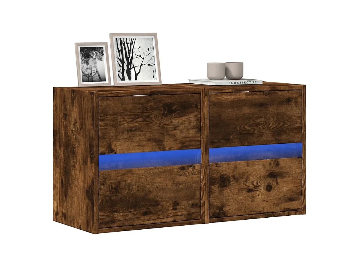 Meubles TV muraux et lumières LED 2 pcs chêne fumé 41x31x45 cm