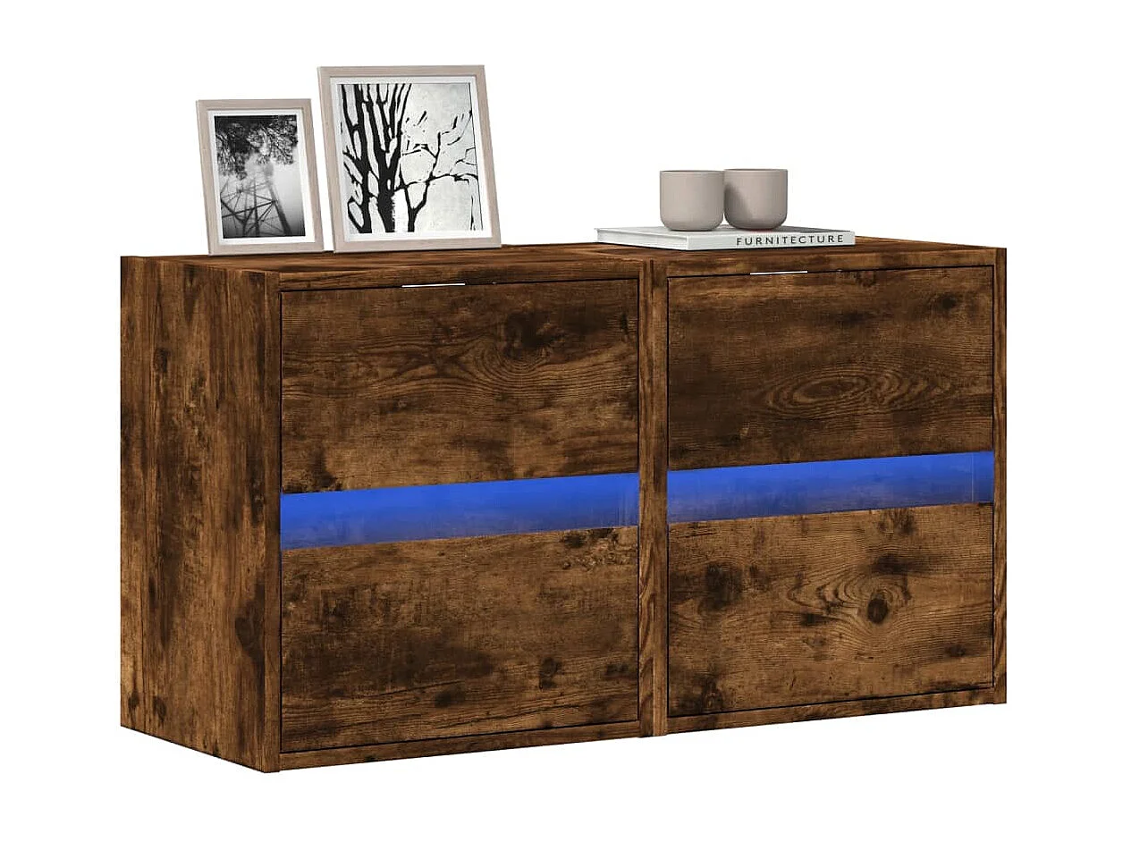 Mobile TV A Parete Con LED RGB – Rovere Fumo, 6 Cassetti, 130x31x45 Cm, Salva-spazio E Moderno