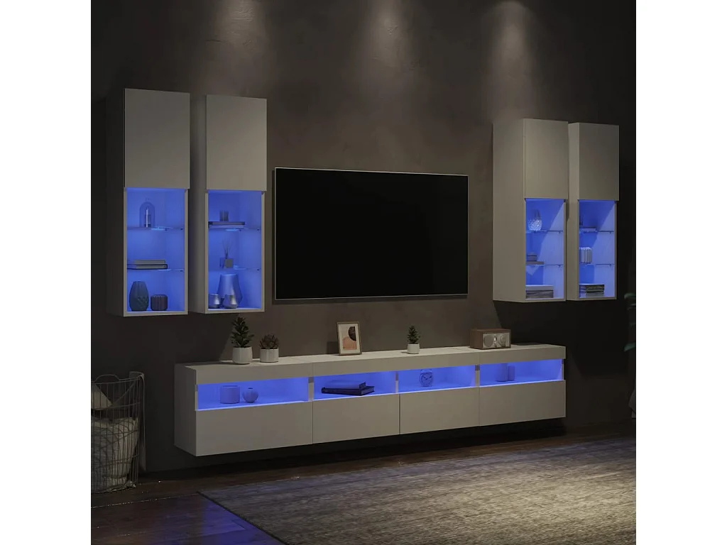 Set Mobili TV a Muro 7 pz con Luci LED Bianco
