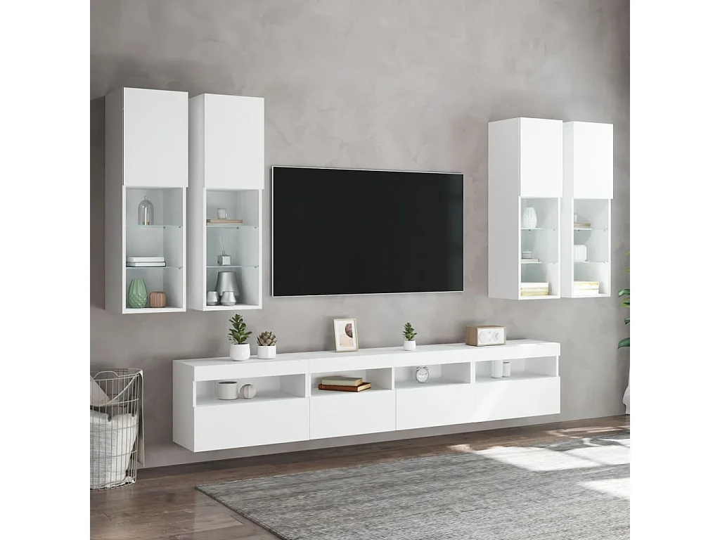 Set Mobili TV a Muro 7 pz con Luci LED Bianco