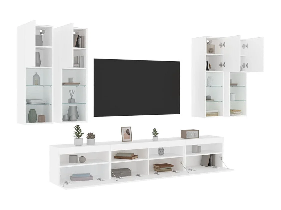 Set Mobili TV a Muro 7 pz con Luci LED Bianco