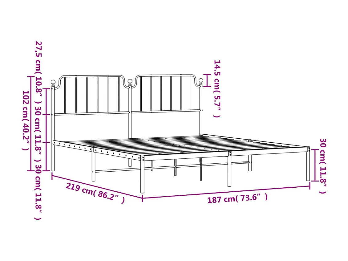 Cadre de lit métal sans matelas et tête de lit blanc 183x213 cm