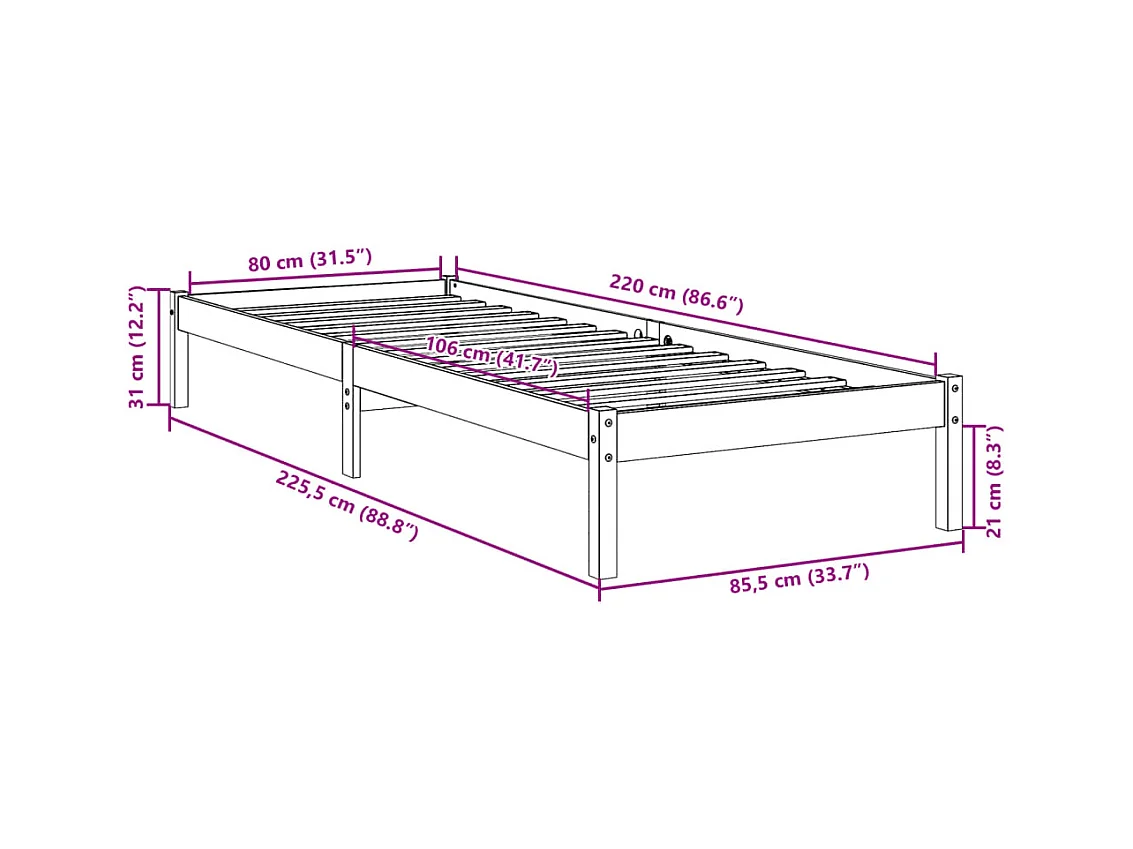 Cadre de lit extra long sans matelas 80x220 cm bois massif pin