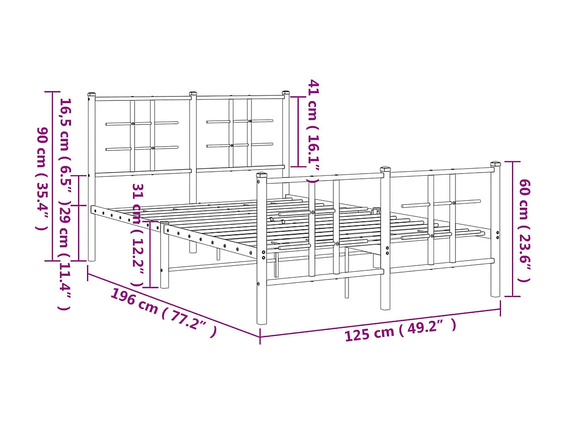 Cadre de lit métal sans matelas avec pied de lit noir 120x190cm