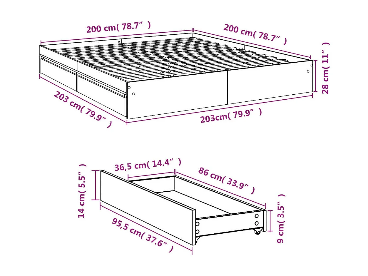 Cadre de lit avec tiroirs sans matelas chêne sonoma 200x200 cm