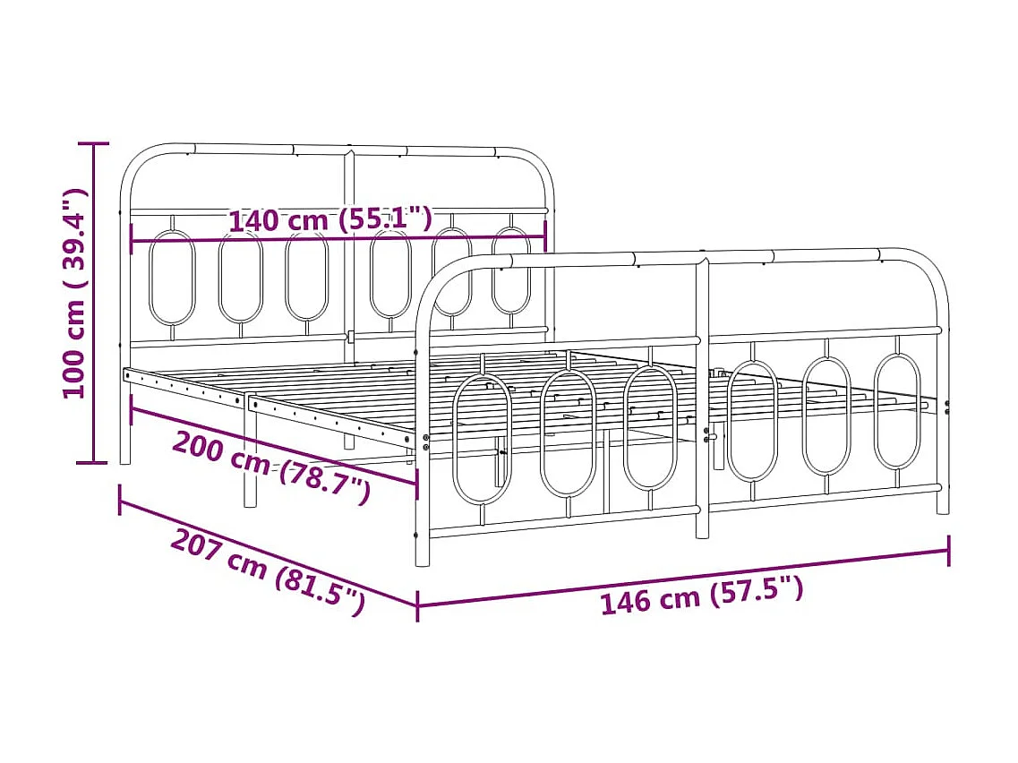 Cadre de lit métal sans matelas avec pied de lit noir 140x200cm