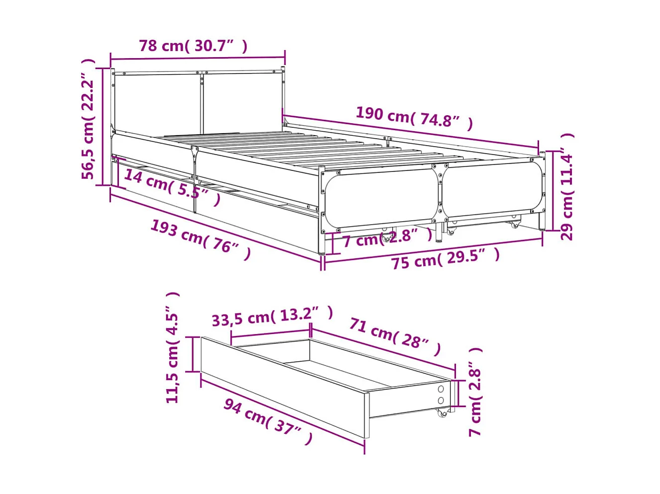Cadre de lit avec tiroirs sans matelas chêne sonoma 75x190 cm