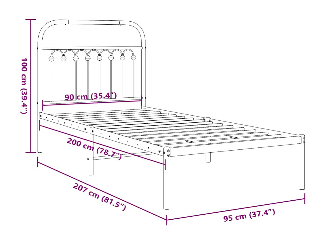 Cadre de lit métal sans matelas avec tête de lit noir 90x200 cm