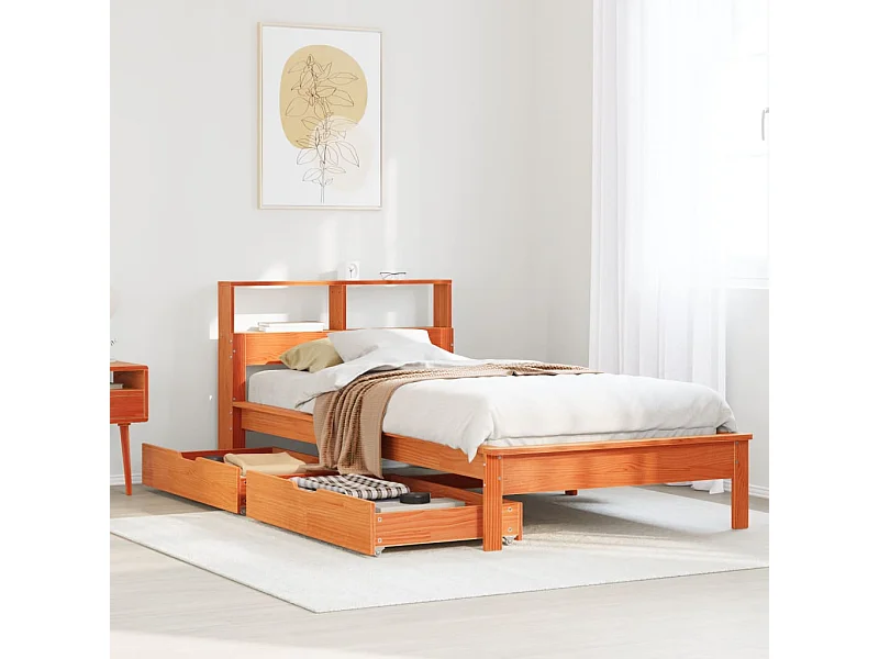 Cama com estante sem colchão 75x190cm pinho maciço castanho-mel