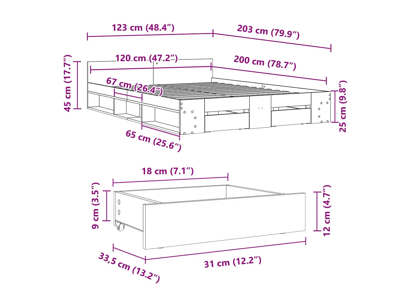 Cama con cajones madera ingeniería gris Sonoma 120x200 cm