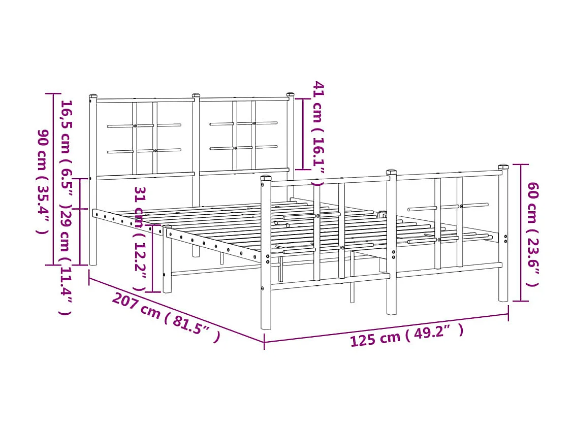 Cadre de lit métal sans matelas avec pied de lit noir 120x200cm