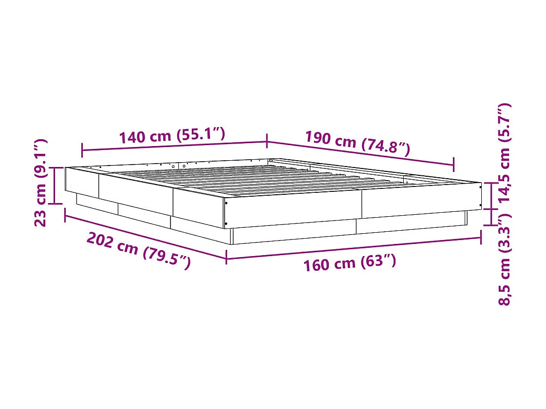 Cadre de lit sans matelas chêne fumé 140x190 cm
