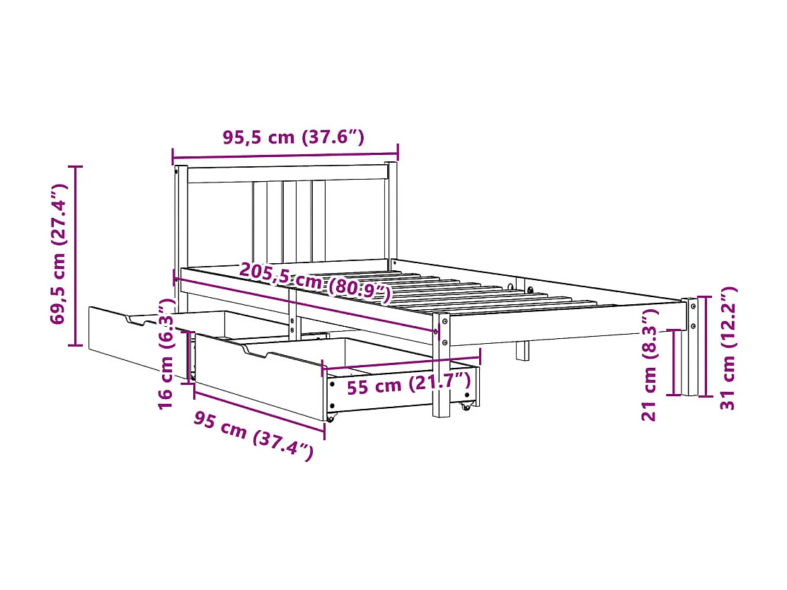 Cadre de lit sans matelas blanc 90x200 cm bois de pin massif