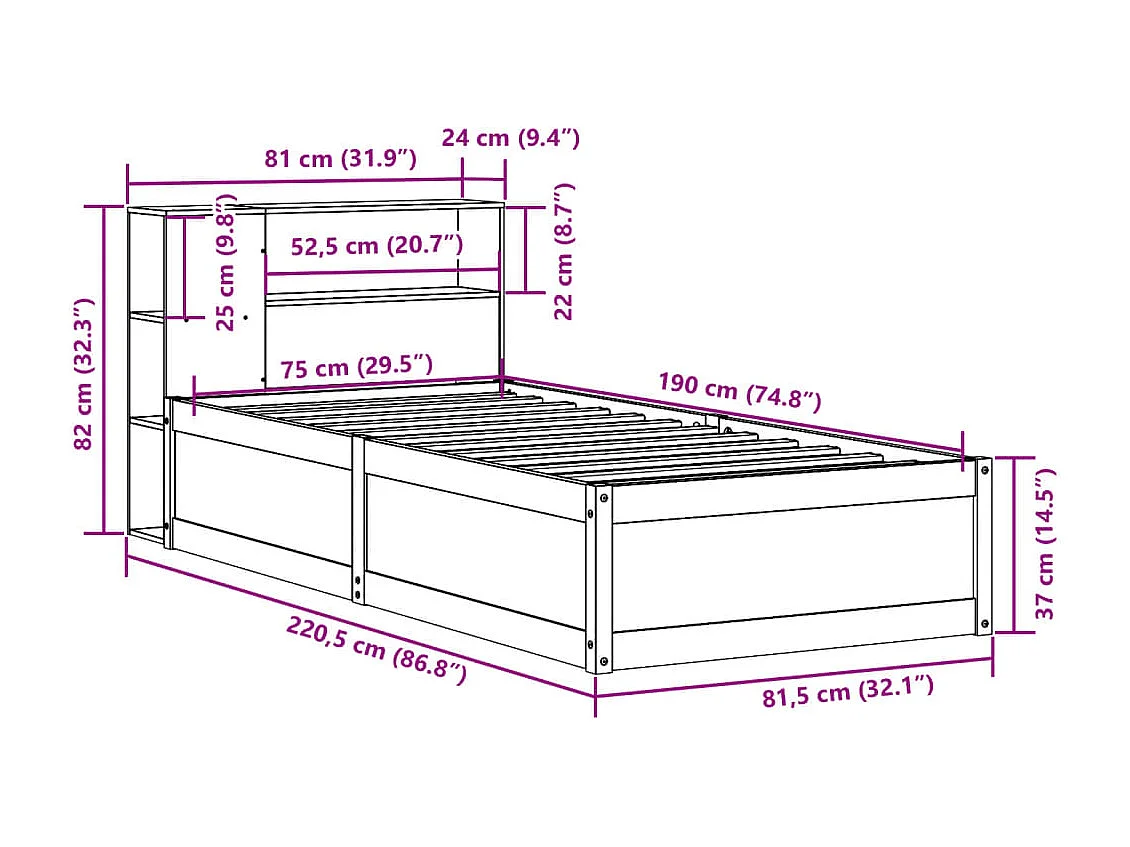Cadre de lit sans matelas 75x190 cm bois de pin massif