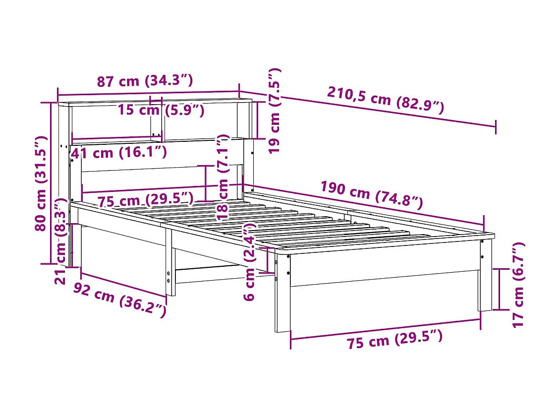 Lit bibliothèque sans matelas 75x190 cm bois de pin massif