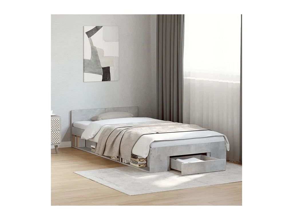 Cadre de lit avec tiroir sans matelas gris béton 75x190 cm