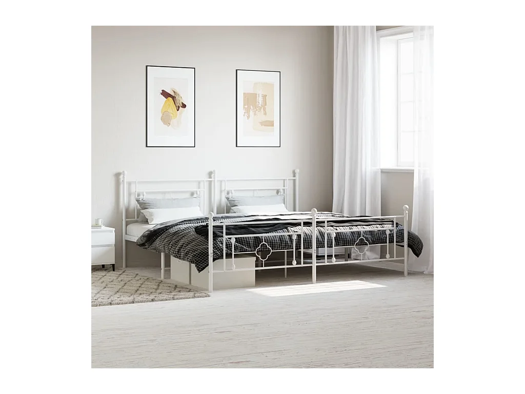 Cadre de lit métal sans matelas et pied de lit blanc 193x203 cm