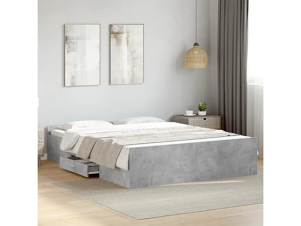 Cadre de lit avec tiroirs sans matelas gris béton 150x200 cm