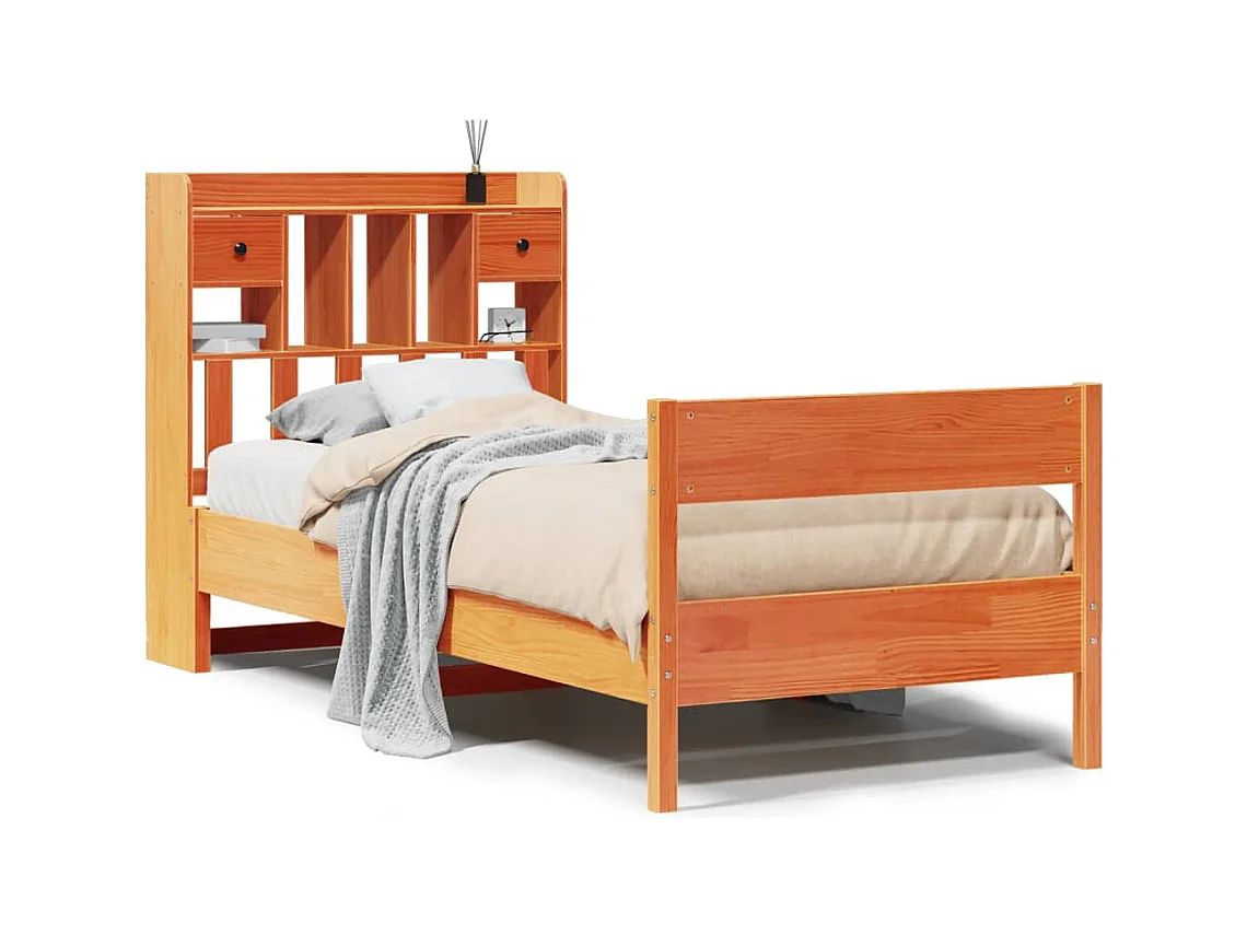 Bed met boekenkast zonder matras grenenhout wasbruin 75x190 cm