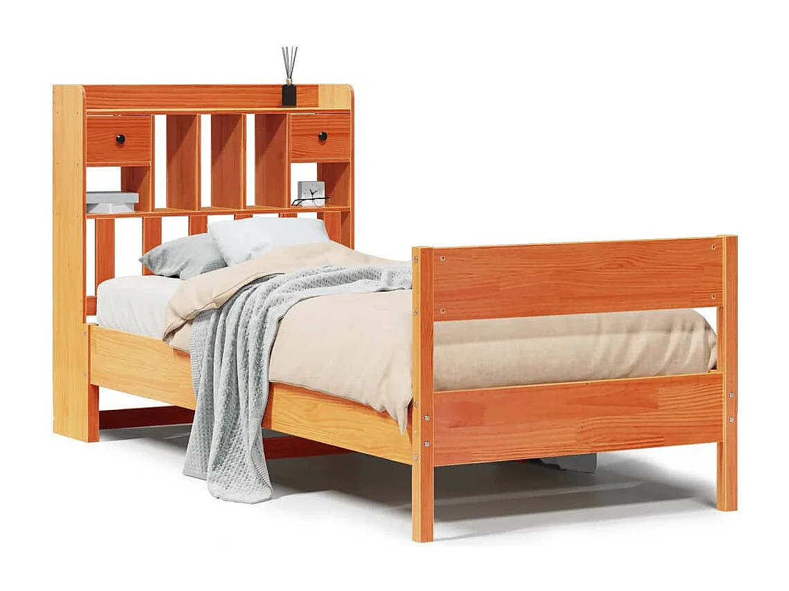 Bed met boekenkast zonder matras grenenhout wasbruin 75x190 cm