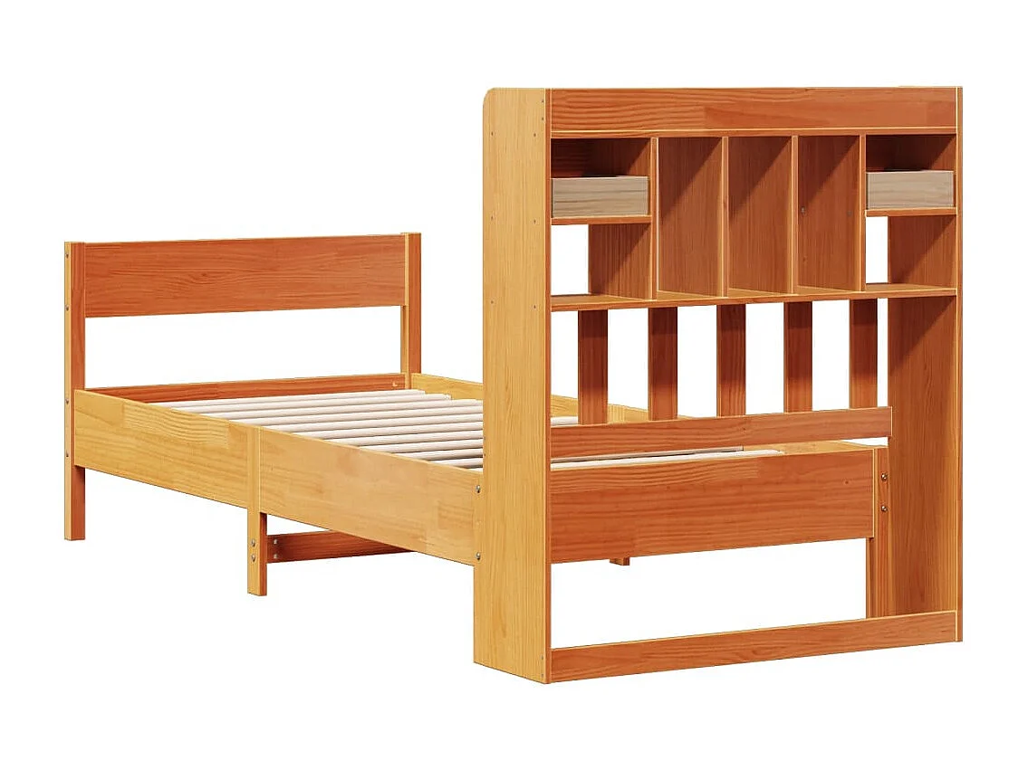 Bed met boekenkast zonder matras grenenhout wasbruin 75x190 cm